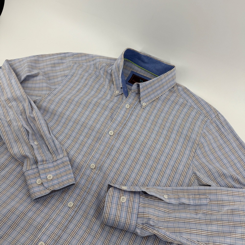 James Tattersall London Mens‎ Plaid Button Down Shirt Blue Brown Cotton Size M